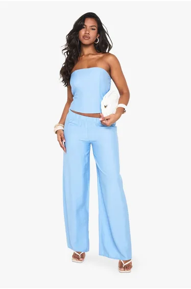 Linen Look Seam Detail Bandeau Top - powder blue