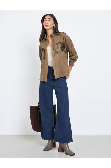 Brown Tassel Trim Suede Look Shirt