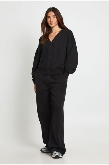 Button Through Cardigan Sweatshirt And Straight Leg Jogger Tracksuit - black