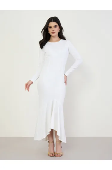Women White Long Sleeve Mermaid Hem Maxi Dress