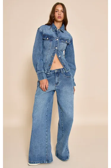 Mid Blue Wash Mid Waist Wide Leg Jeans