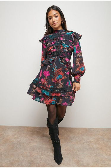 Petite Ruched Bodice Trim Detail Mini Dress