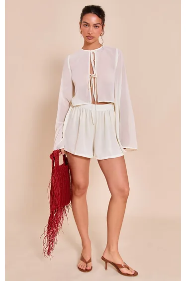 Cream Chiffon Long Sleeve Tie Detail Floaty Playsuit