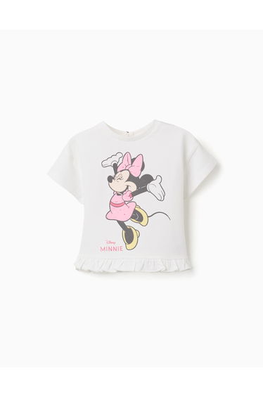 Cotton T-Shirt With Minnie Print And Ruffles For Baby Girls, White