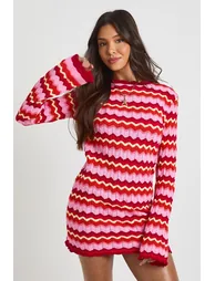 Knitted Stripe Long Sleeve Mini Dress - pink - 3