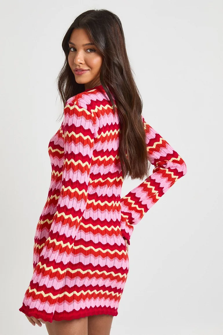 Knitted Stripe Long Sleeve Mini Dress - pink - 2