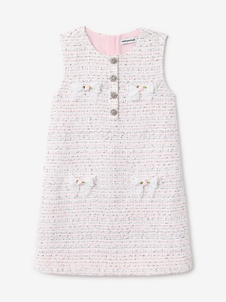 Self Portrait Girls Boucle Lace Bow Dress in Pink - 3