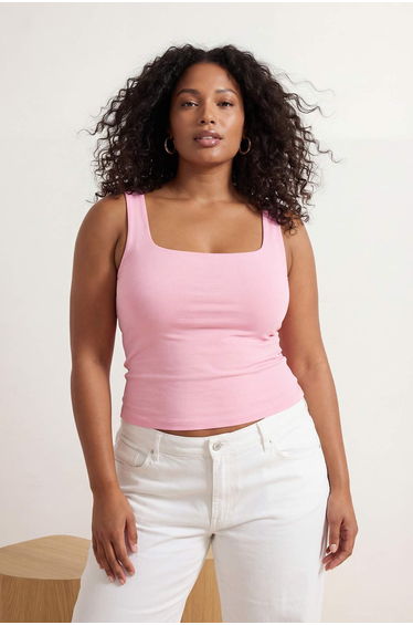 Pink Square Collar Strap Soft Button Basic Knitted Large Size Undershirt