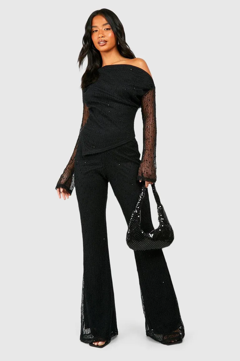 Petite Textured Knit Flare Trouser - black - 2