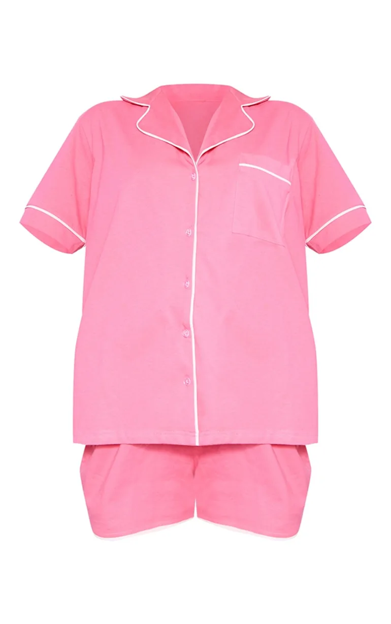 PRETTYLITTLETHING Hot Pink Jersey Piping Detail Short Pj Set - 4