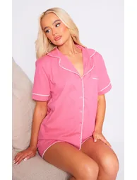 PRETTYLITTLETHING Hot Pink Jersey Piping Detail Short Pj Set