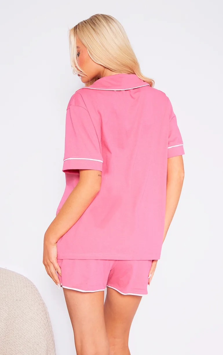 PRETTYLITTLETHING Hot Pink Jersey Piping Detail Short Pj Set - 1