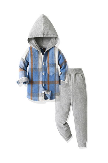 Boys Blue Checked Hooded Shirt and Jogger Set