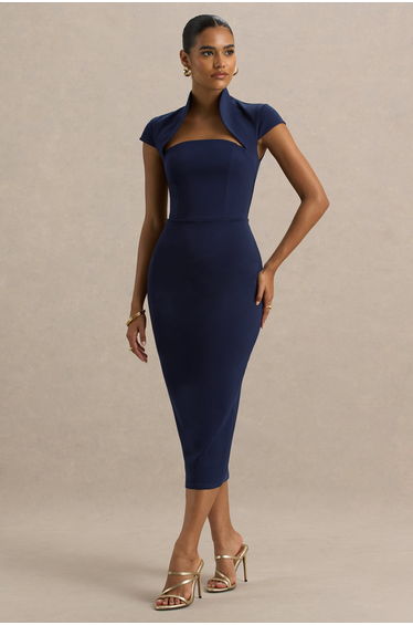 Elsie | Navy Cut-Out Neck Midi Dress With Short Sleeves