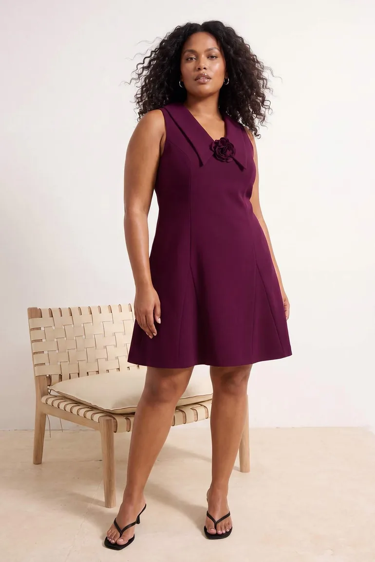 plus size plum cocktail dress boohoo Women's Plus Long Sleeve Halter Gold Trim Mini Dress in Plum | Size: 12