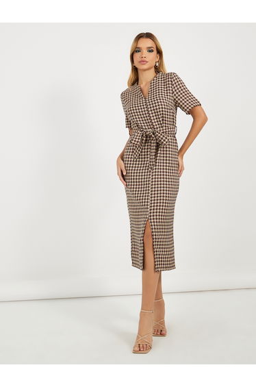 Tweed Checked Sheath Midi Dress with Slit Hem