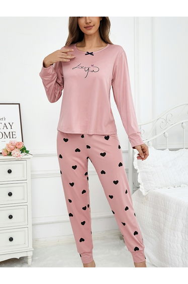 Women Bow Detail Printed T-Shirt and Pyjama Set