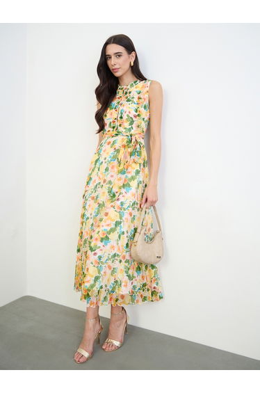 Yellow Ruffled Pleated Midi Dress with Tie Belt