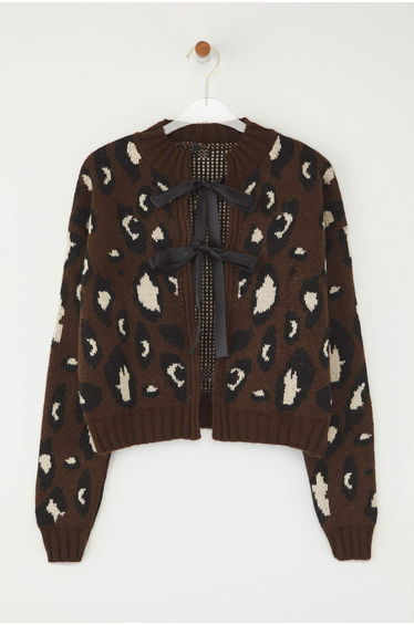 Camel Leopard Patterned Crop Soft Textured Knitwear Cardigan