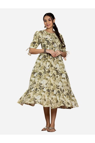 Beige Cotton Floral Printed Flared Midi Dress