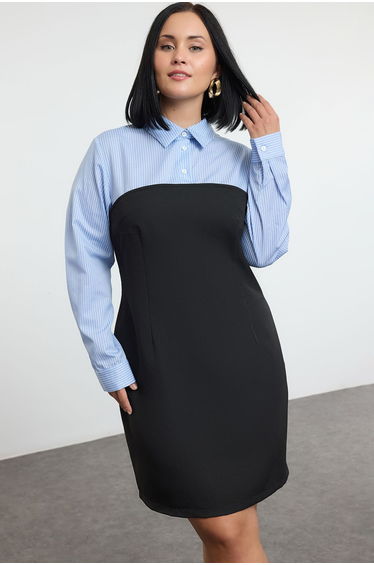 Black Bodycone Strapless Mini Woven Plus Size Blue-White Striped Shirt Dress