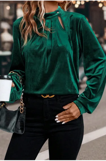 Lvness Evergreen Asymmetric Button Keyhole Neck Long Sleeve Velvet Blouse