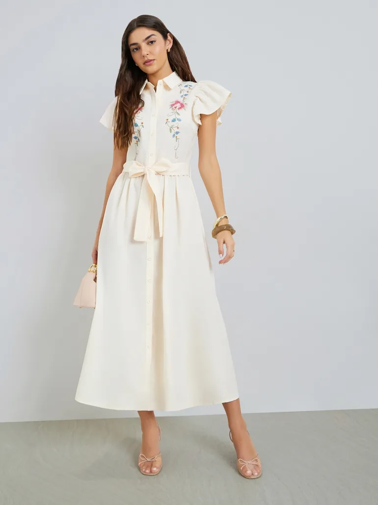 Cream Floral Print Shirt Maxi Dress