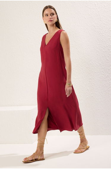 Claret Red Straight Cut Midi Woven Dress