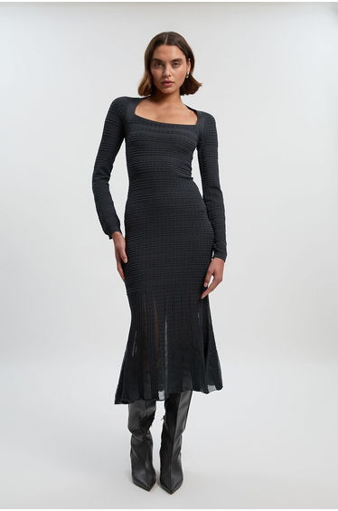 Pointelle Stitch Detail Sheer Panel Knit Midi Dress