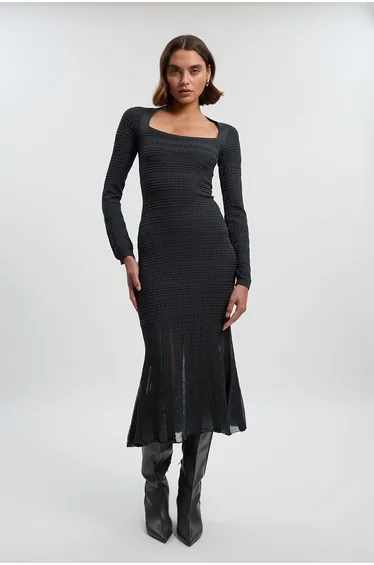 Pointelle Stitch Detail Sheer Panel Knit Midi Dress