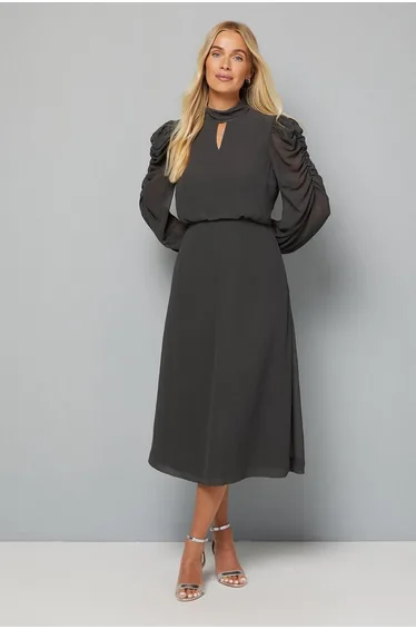 PETITE EMBELLISHED RUCHED SLEEVE MIDI DRESS