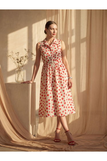 White Sleeveless Polka Dot Midi Dress