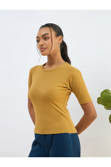 Women Khaki Ribbed Short Sleeves Top