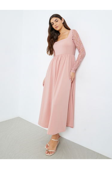 Pink Lace Sleeves A-Line Maxi Dress