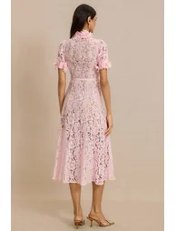 Lace 3D Flower Midi Dress With Belt - 1