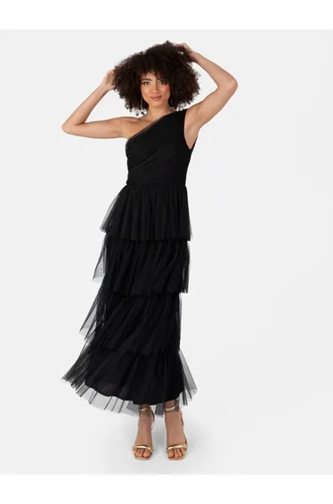 Black Pleated A-Line Maxi Smock Dress with Ruffles