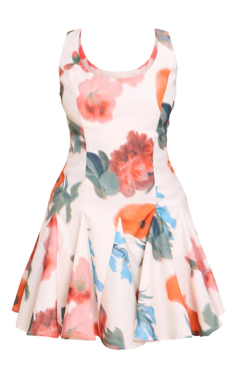 Cream Floral Printed Woven Godet Detail Shift Dress - 4