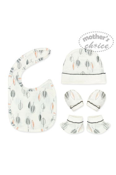 4-Piece Gift Box -Printed Bib, Bear Ear Cap, Mittens and Booties