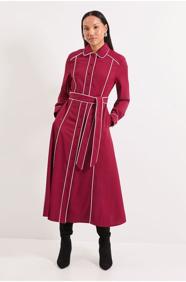 Contrast Piping Detail Collared Midi Shirt Dress