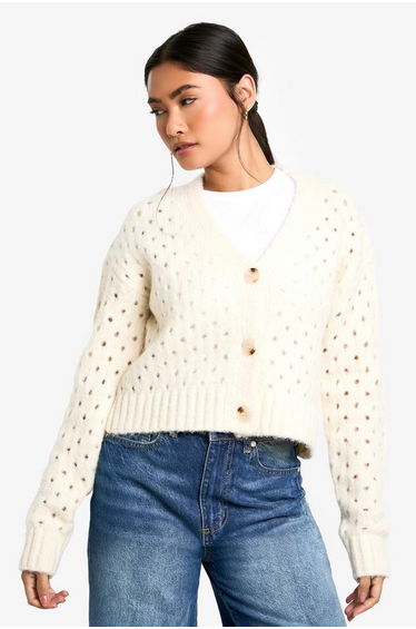 Fluffy Knitted Hole Detail Cardigan