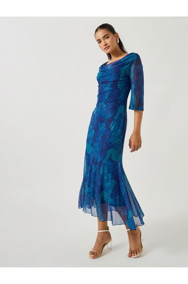 Printed Wide Neck Bell Sleeves Mermaid Hem Dress