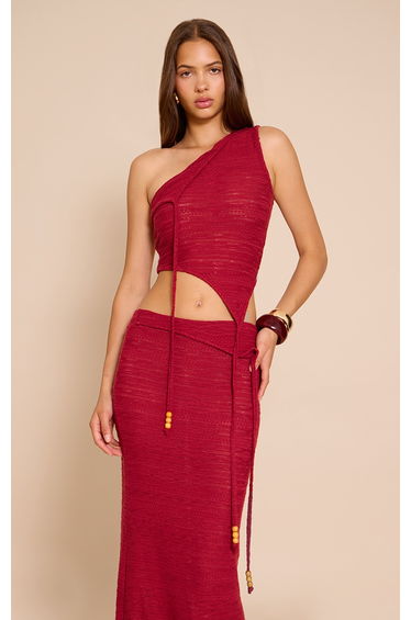 Red Textured Bead Asymmetrical Crop Top