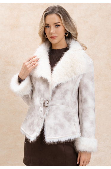 Wide-Lapel Faux Suede and Fur Belted Coat in Ivory