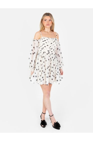 Anaya With Love Polka-Dot Bardot Long Sleeve Mini Dress
