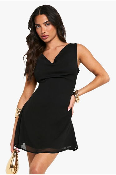 Petite Chiffon Cowl Slip Mini Dress - black