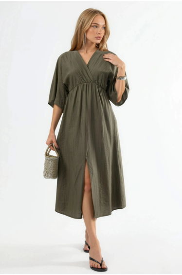 BUSEM V-Neck Midi Wrap Dress with Three Quarter Sleeves