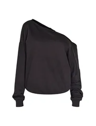 سويتشيرت بتصميم واسع بأكتاف مكشوفة - أسود  - 4