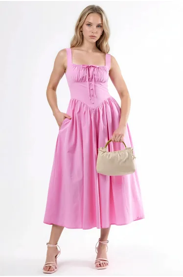 BUSEM Square Collar Midi Dress with Button Detail