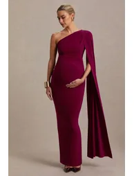 Amaryllis | Berry Maternity One Shoulder Maxi Dress with Cape Sleeve - 5