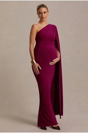 Amaryllis | Berry Maternity One Shoulder Maxi Dress with Cape Sleeve